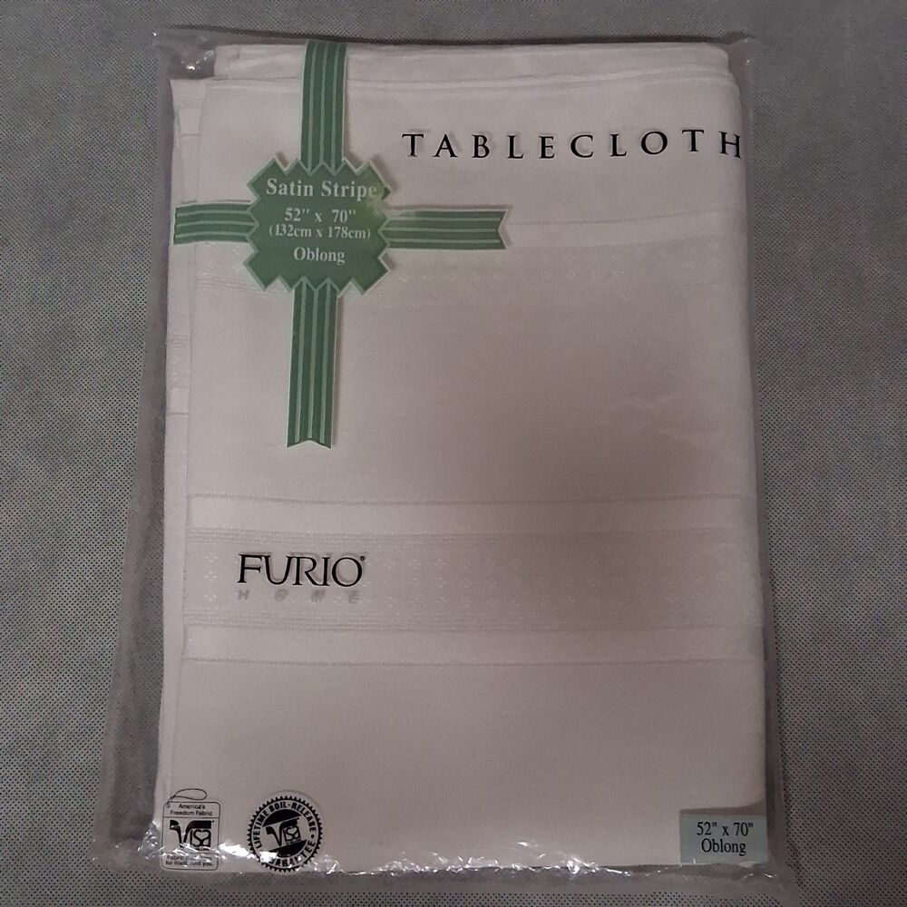 Furio White Cloth Tablecloth Satin Stripe Oblong 52" x 70" New in Pkg Polyester